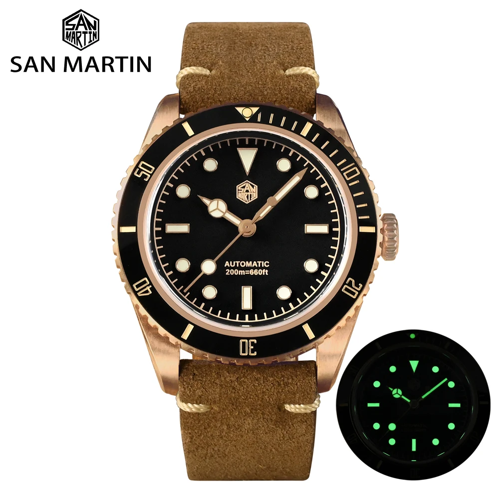 San Martin 38mm Vintage 6200 CuSn8 Bronze Diver Luxury Men Watch PT5000 SW200 Sapphire Automatic Mechanical 20Bar Leather Strap 120pcs 1 5inch vintage flower round wave kraft paper handmade for you seal sticker for handmade diy multifunctional gift 38mm