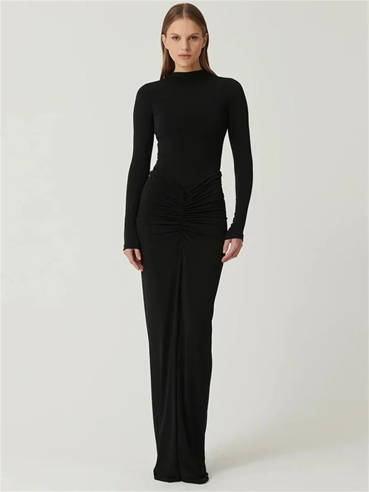 Tossy Pleated Fashion Patchwork Long Dress Women's High Waist Long Sleeve Solid Slim Party Dress Summer 2024 Female Maxi Dress 6