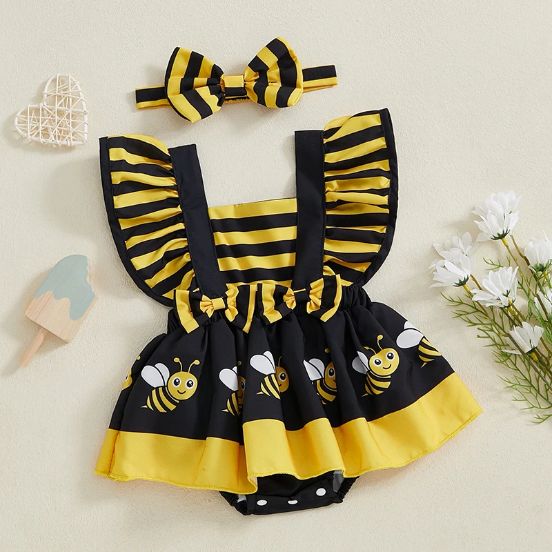 Infant Baby Girl Summer Clothes Ruffle Fly Sleeve Romper Dress Cute Print Playsuits with Headband Summer Outfit 3