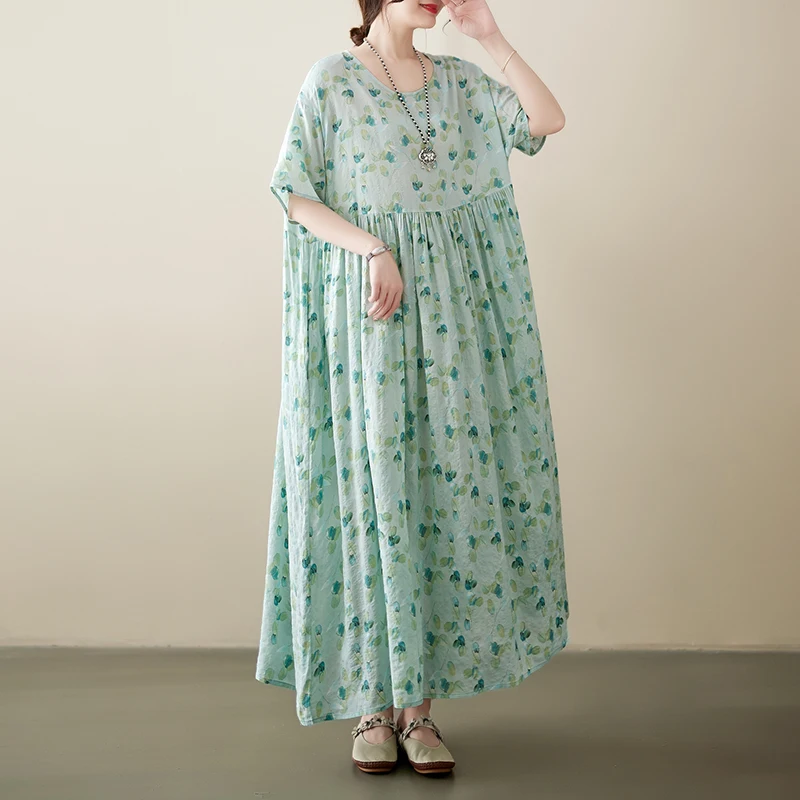 

2023 Summer Vintage Print Short Sleeve Bohemian Beach Dress Women Casual Loose Oversize Dresses Elegant Fashion Ladies Clothing