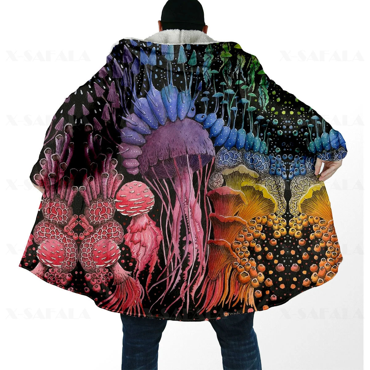 Trippy Psychedelic Mushroom Fungus Thick Warm Hooded Cloak Men Overcoat Coat Windproof Fleece Cape Robe Hooded Blanket-2