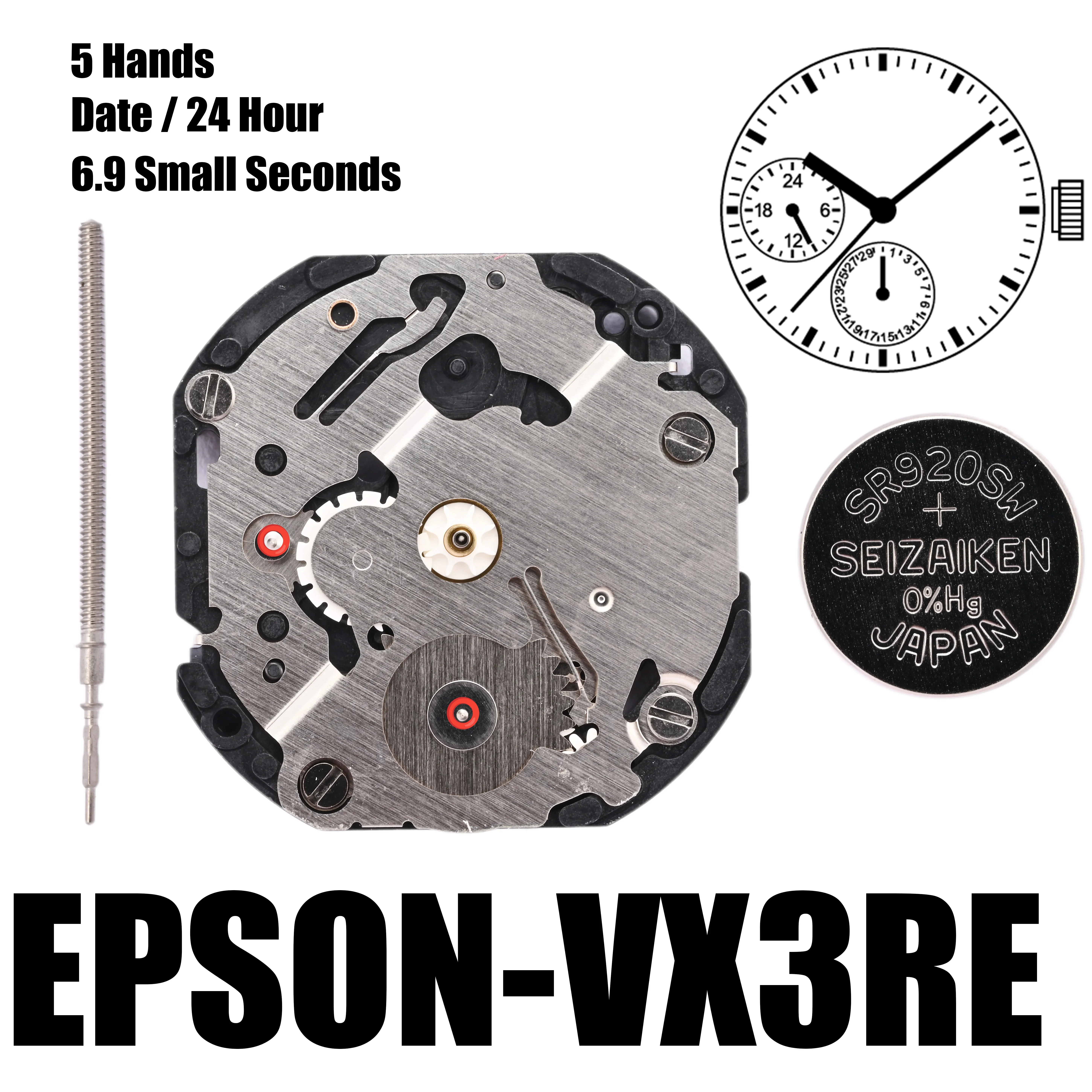 

Механизм VX3R, движение VX3RE, движение VX3RE | Серия VX3, размер: 10 1/2 дюйма, пять стрелок, 6,9, маленькая секунда, дата в 6:00, день в 9:00