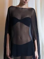 Woman Clothes See-through Chiffon Blouses Sexy Fashion Solid Cover-ups Ladies Elegant Night Club Tops White Black Streetwear - Image 4