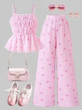 Abbigliamento estivo in due pezzi per bambine, canotta a righe con fiocco + pantaloni larghi traspiranti, outfit per le vacanze quotidiane