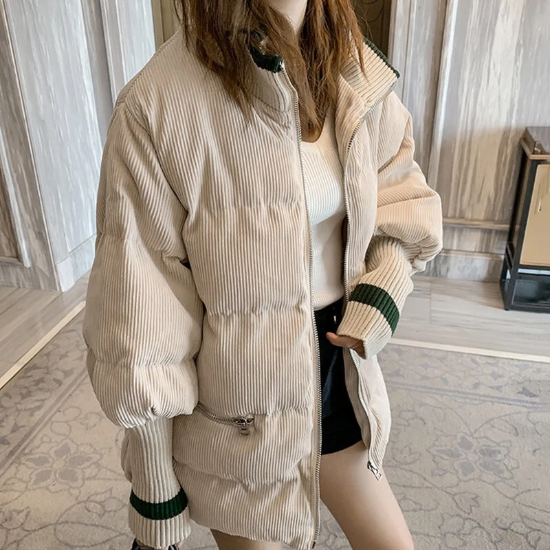 Thick Corduroy Short Parkas Women Letter Print Stand Collar Winter Coat Snow Wear Long Sleeve Outwear Korean Oversized Jacket