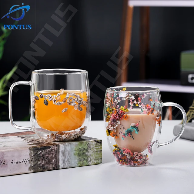 Double Wall Glass Mug Transparent Coffee Cup Milk Tea Juice with Dry Flower  Sea Snail Conchs Glitters Fillings Elegant Drinkware - AliExpress