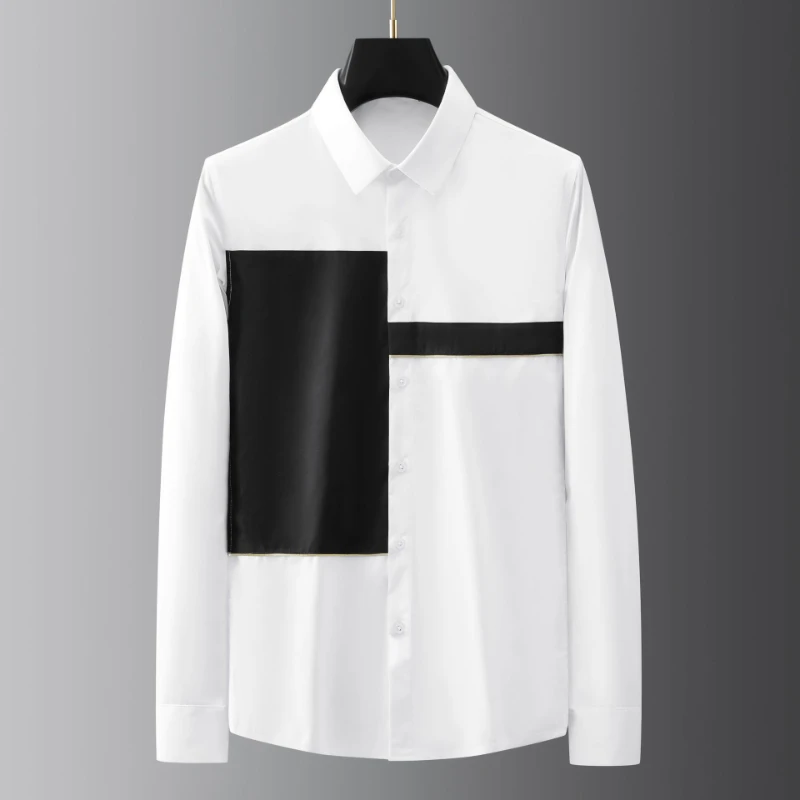 

2022 Cotton Black White Men's Shirts Luxury Long Sleeve Gold Piping Casual Mens Dress Shirts Fashion Slim Fit Korean Clothes