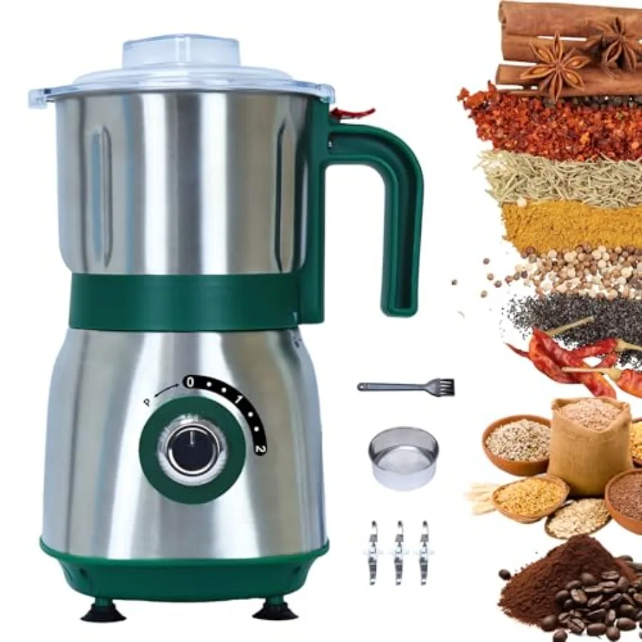 Versatile Kitchen Grinder 500W Electric Mill Grinds Spices Nuts Grains Coffee 3 Stainless Steel Blades Dry Use Green