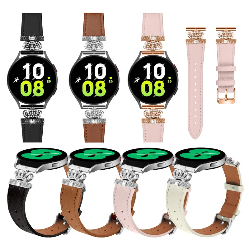 

20mm Leather Strap For Samsung Galaxy Watch 6 5 Pro 5 4 44mm 40mm metal crown Bracelet Band for Samsung galaxy Watch 4 Classic