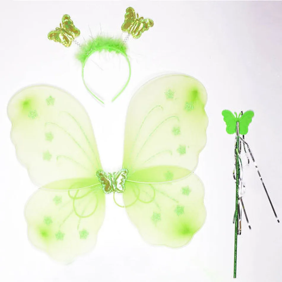 Kids Butterfly Headband Wings Wand 3 Pcs Set Girls Summer Photography Outfit Children Silk Yellow Green Purple Pink Color Props 2