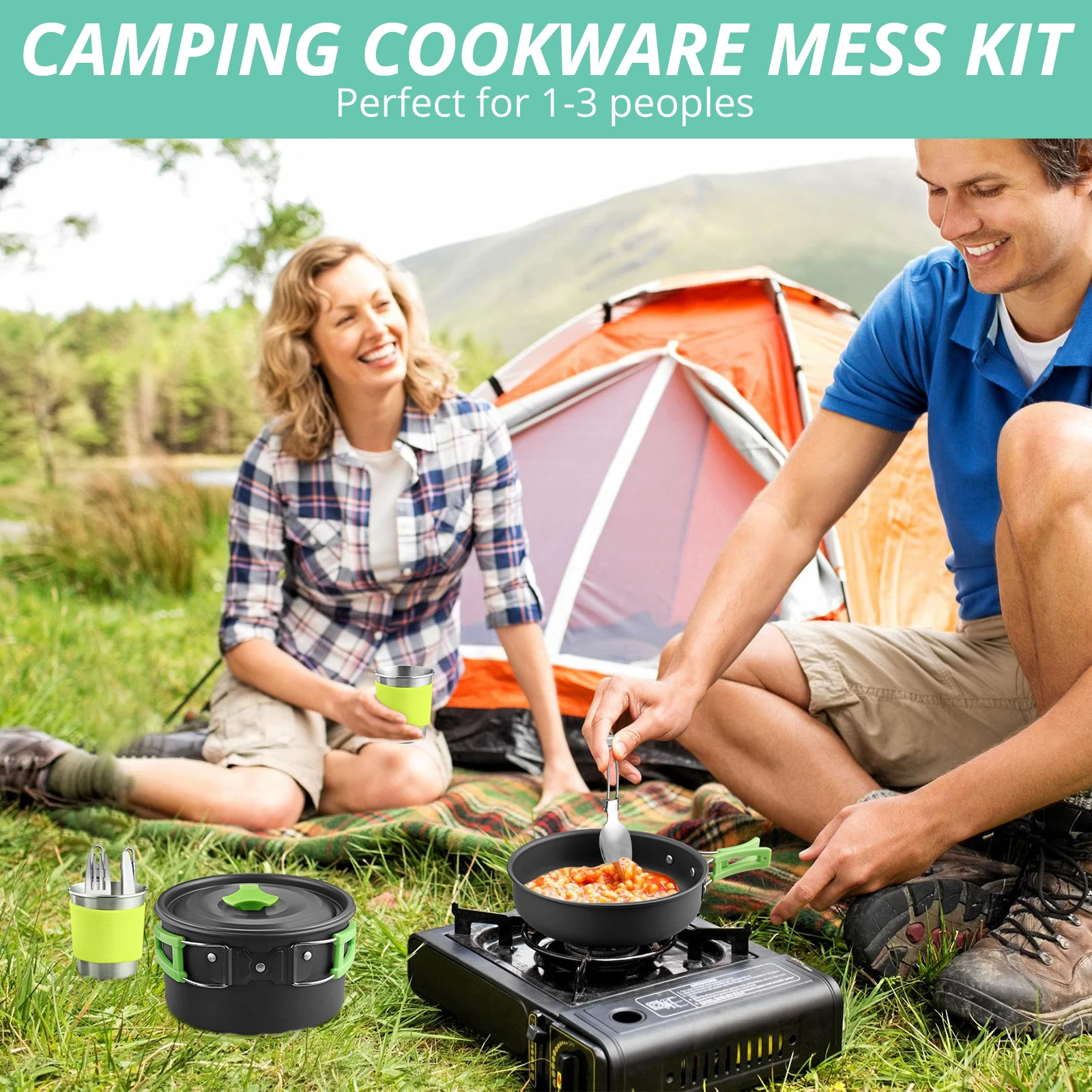 휴대용 캠핑 요리 요리 조리기구 세트 양극 처리 된 알루미늄 냄비 팬 주전자 For1-2 명 야외 하이킹 피크닉
