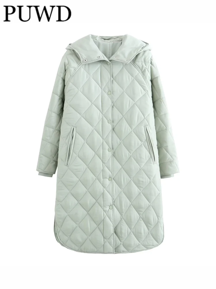 

PUWD Women Fashion Green Single-breasted Hooded Loose Coat With Pockets 2022 Winter Wadded Overcoat Female Outerwear Chic