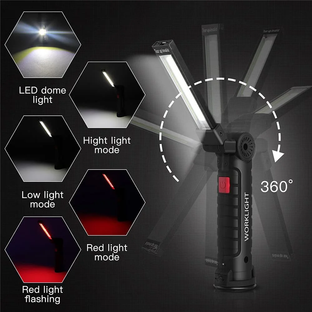 LED Flashlight Portable COB LED Flashlight USB Rechargeable Work Light Magnetic Lanterna Hanging Lamp with Built-in Battery Camping Torch