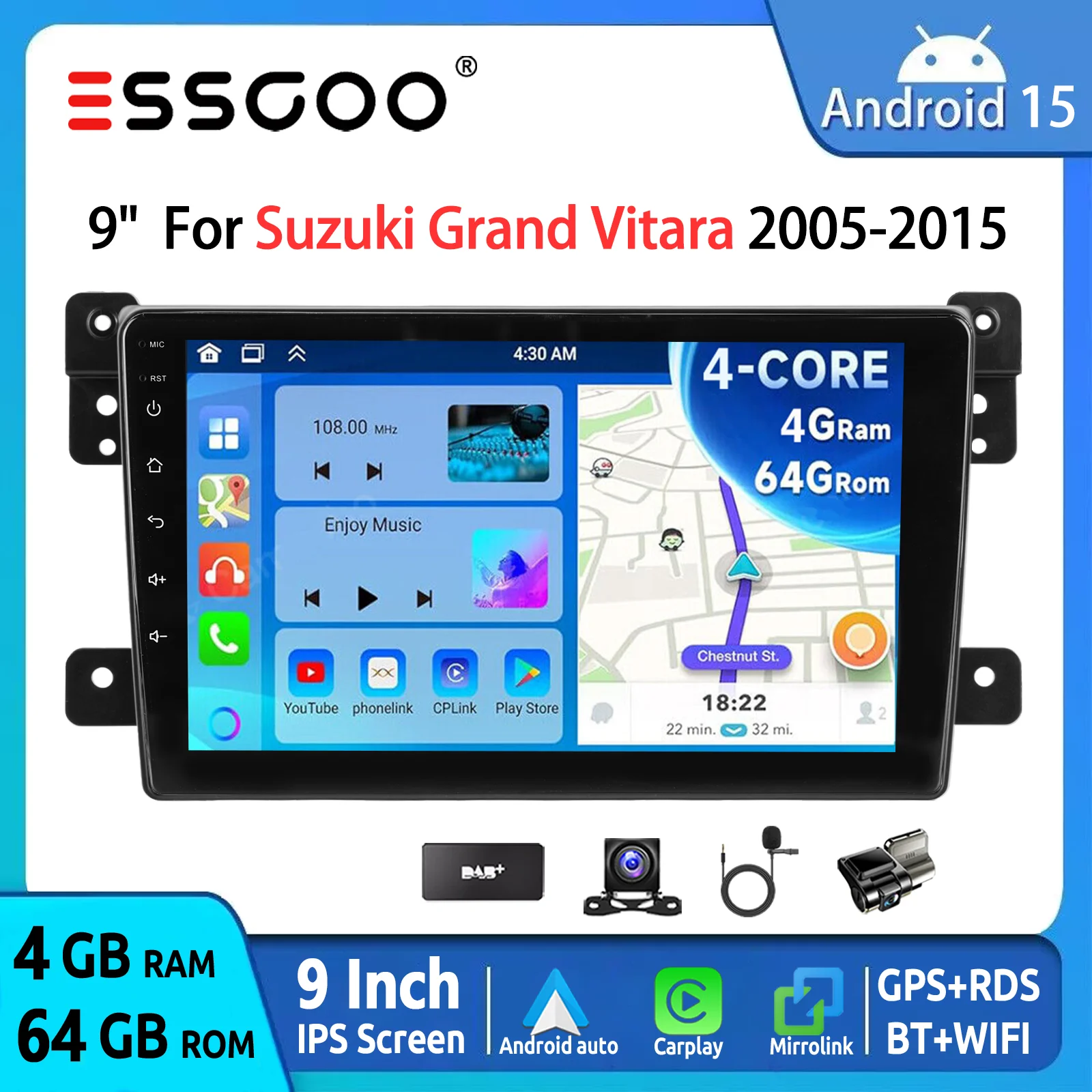 ESSGOO Android 15 Autoradio 4+64GB 9" IPS Touchscreen GPS Navigation Wireless CarPlay Android Auto für Suzuki Grand Vitara 2005-2015 FM Wifi RDS Bluetooth Lenkradsteuerung Mirror Link