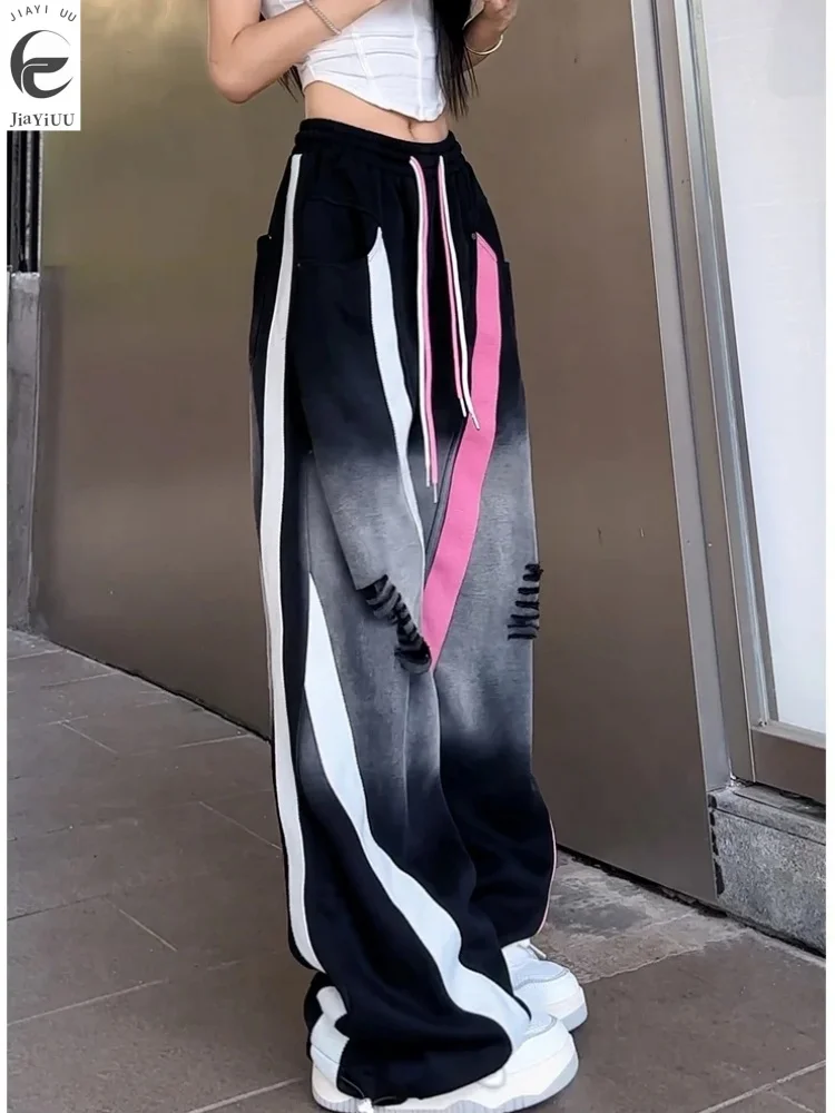 2024 Female Personalized Street Dance Hip Hop Wide Legs Color Blocking Small Crowd Loose and Slim Sports Tight Casual Pants