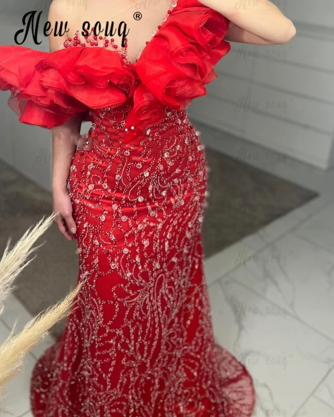 

Женское вечернее платье с юбкой годе, красное блестящее платье из органзы с оборками на шее, для свадебной вечеринки, 2024