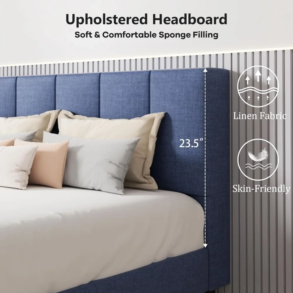 Queen Bed Frame with Button Tufted Headboard, Fabric Upholstered Platform Bed Frame, Foundation with Wooden Slat Support Beds 4