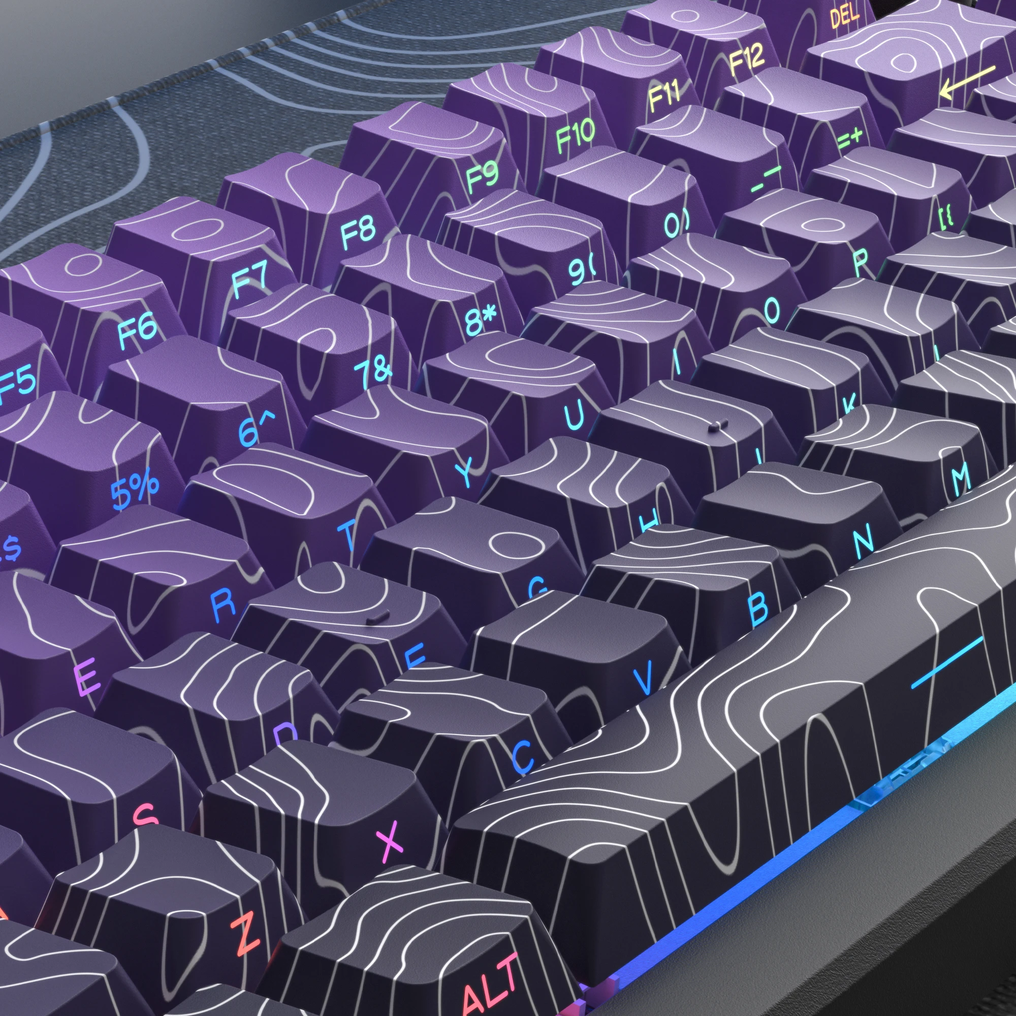 Purple Topographic Side Print Shine Through Keycap 130 Key Cherry Profile Double Shot Dye Sub PBT Keycaps for MX Switch Keyboard