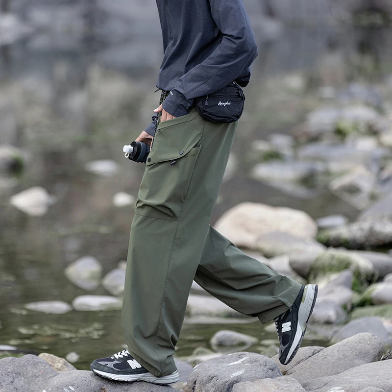 Men's Green Quick Dry Cargo Hiking Pants with Drawstring Waist