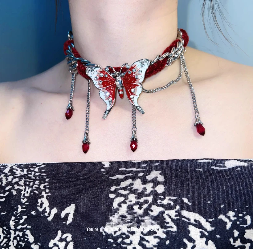Y2K Rhinestone Butterfly Pendant Necklace Women Sweet Spicy Cool Egirl Punk Sexy Butterfly Choker Fashion Jewelry Accessory Gift