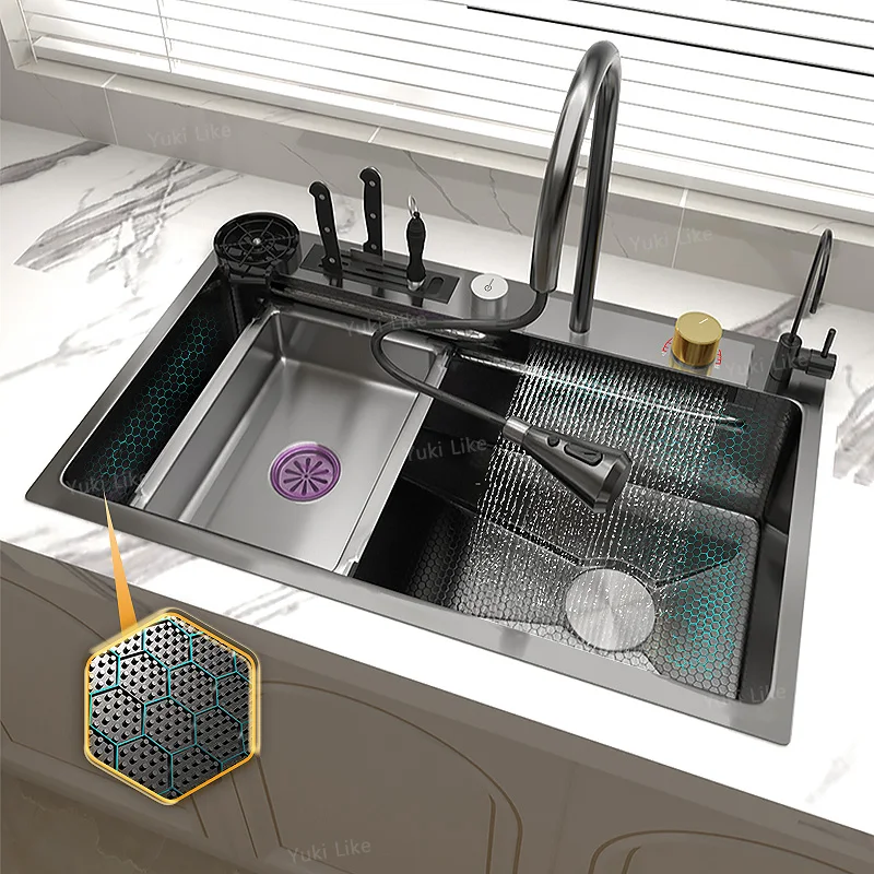 Waterfall Sink Kitchen Stainless Steel Topmount Sink Embossed Large Single Slot Wash Basin Multifunction Tank kitchen sink