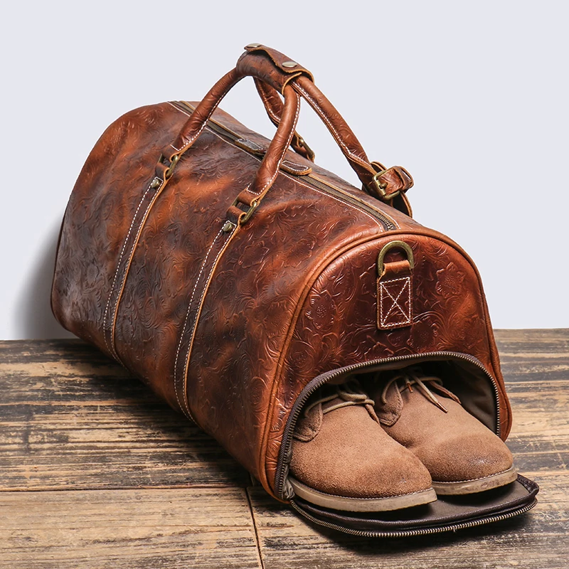 LEATHFOCUS Vintage Embossed Handbag Men's Women's Leather Travel Bag Large Capacity Business Duffles Bag Weekend Gym