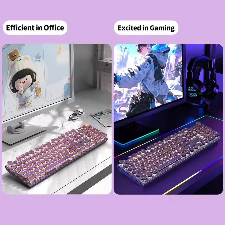 EWEADN V20 Mechanical Keyboard Retro Punk Typewriter Wireless Tri-model 104Keys Round Keycaps White Backlit Office Computer Mute