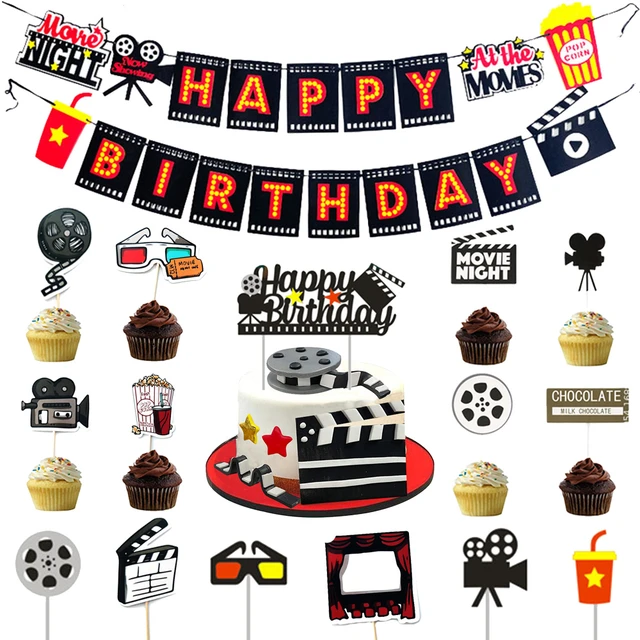  Cupcake Topper para fiesta, película de cumpleaños, película temática, palomitas de maíz, cine, billete, lámpara, cámara, decoración de pasteles _