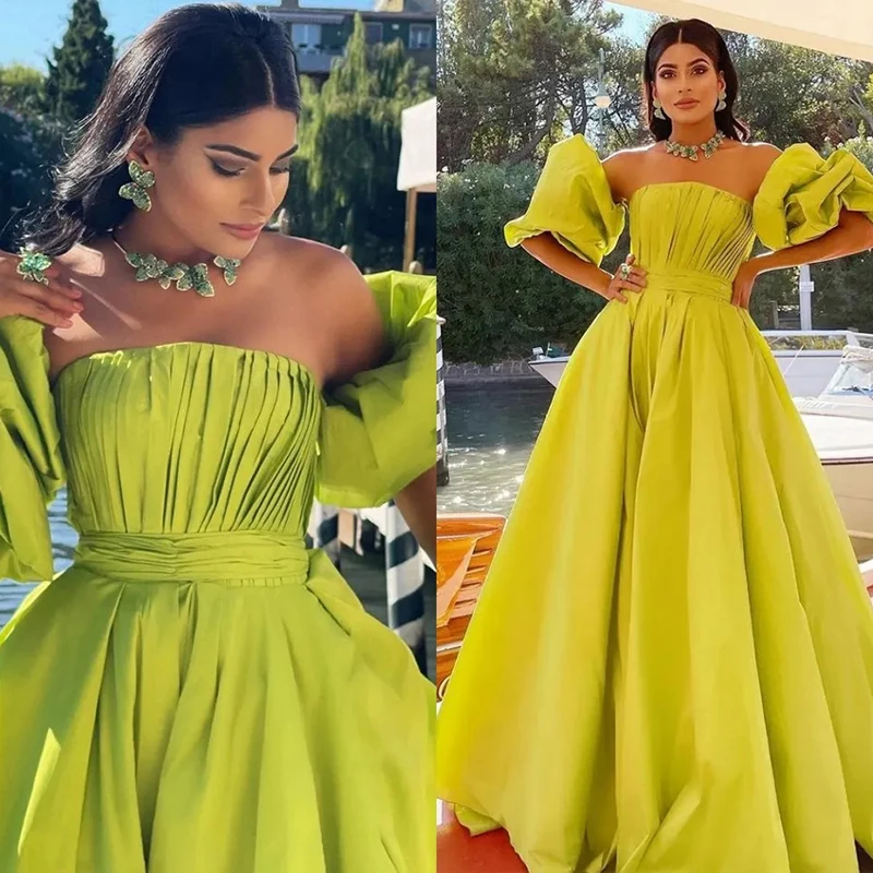 

Elegant Puff Sleeves A-Line Long Satin Wedding Guest Evening Prom Dresses for Bride Special Occasion 2023