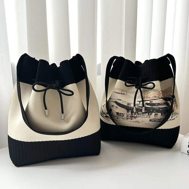 Knitted Shoulder Strap with Open Drawstring, Large Capacity, Fashionable, Retro and Elegant Handbag, Portable Bucket Bag
