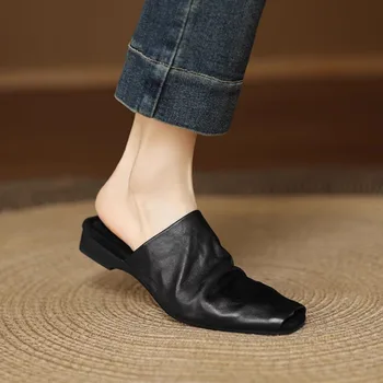 Women's Mules Outer Wear Woman Square Closed Toe Slippers Cowhide Lazier Flats Genuine Leather Simple Style Soft Mule Flat Shoes 1