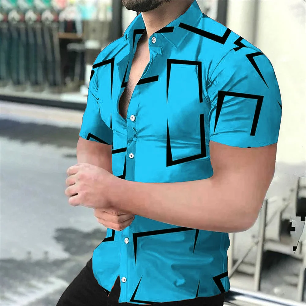 Men's Geometric Lines Solid Color Printed Shirt Short Sleeve Button Comfortable Men's Shirt Hawaii Business Leisure Vacation Top 5