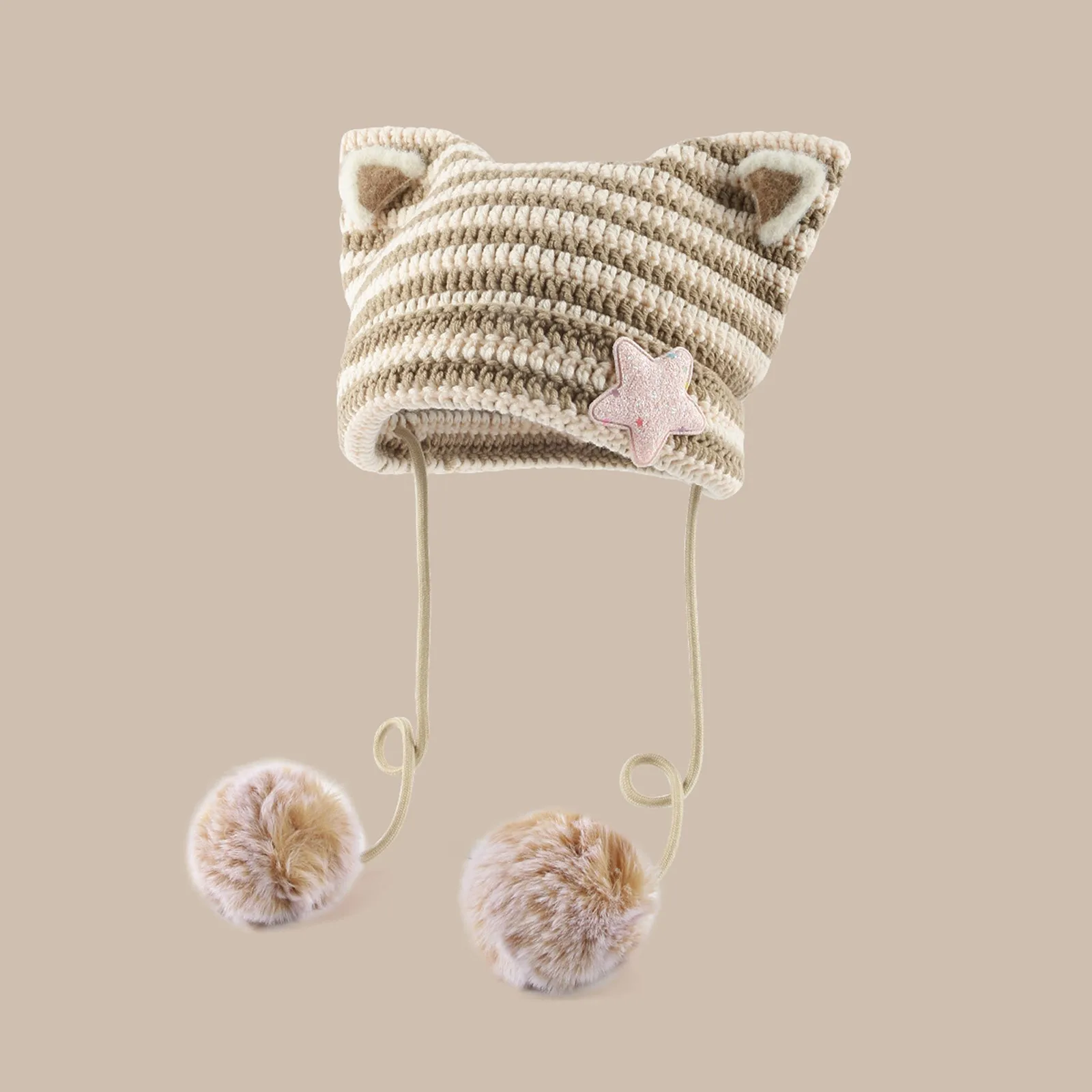 Japan Designer Handmade Pentagram Wool Beanie Y2K Hat Ladies Autumn Spring Warm Cat Ear Knit Stripe Beanie Cap with Pompom 4
