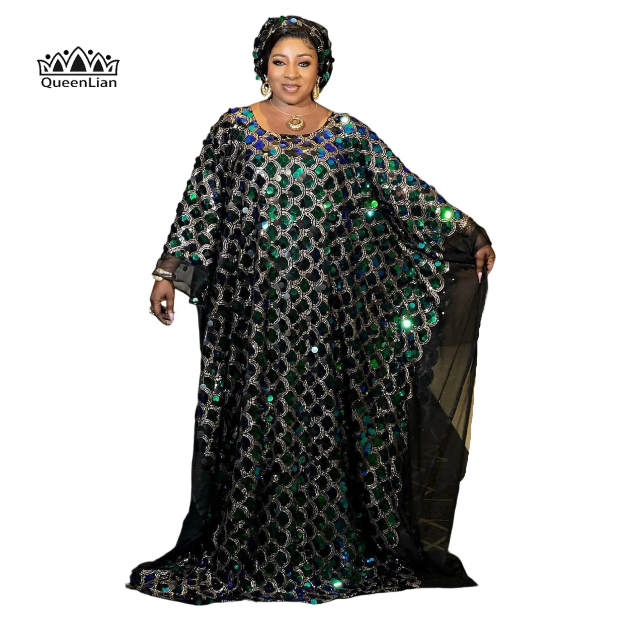 

PLus Size Casual Kaftan Dress Women's Glitter Sequin Decor Batwing Sleeve Round Neck Loose Fit Maxi Dress