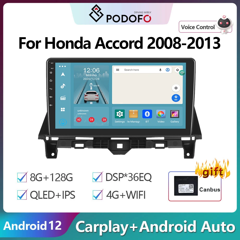

Podofo Android12 DSP Car Radio Multimidia Video Player Navigation GPS For Honda Accord 2008-2013 2din 4G WIFI Carplay Head Unit