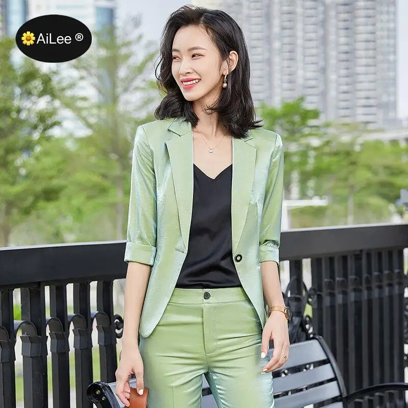 Oversize 4XL Autumn Green Satin Silk Suit Jacket Pants 2pc Women's Fashion Blazers Trousers Set Female Elegant Professional Wear