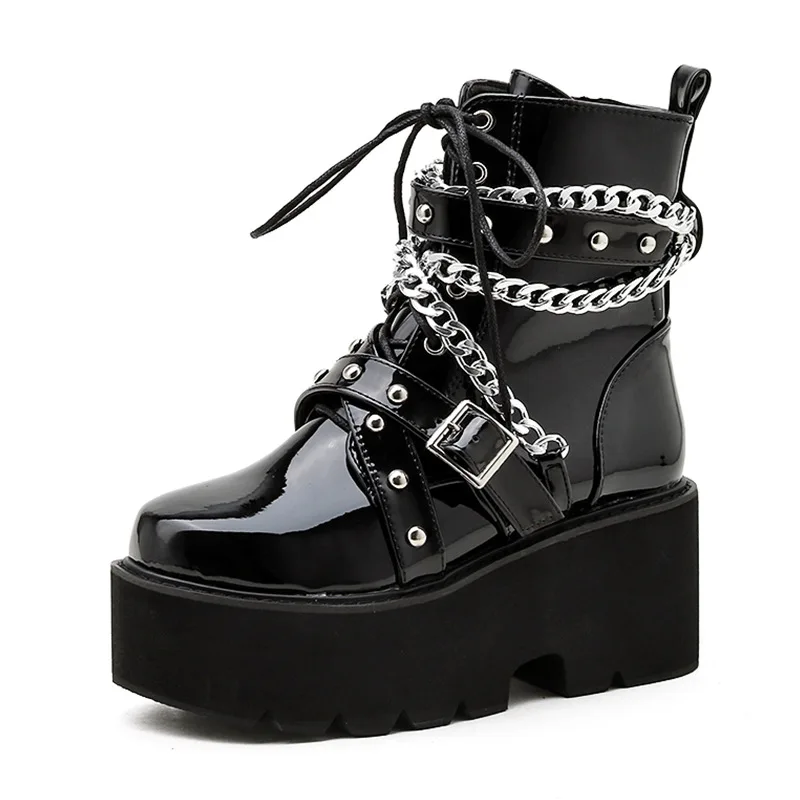 Stivali Donna Punk Gotici Con Plateau Tacco Grosso: Neri Alti Alla Caviglia Con Catene, Stile Emo