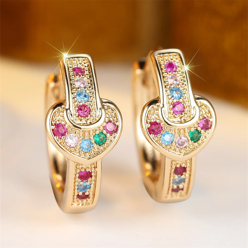 Multicolor Zircon Round Stone Love Heart Hoop Earrings For Women Vintage Gold Silver Color Ear Buckle Wedding Party Jewelry Gift