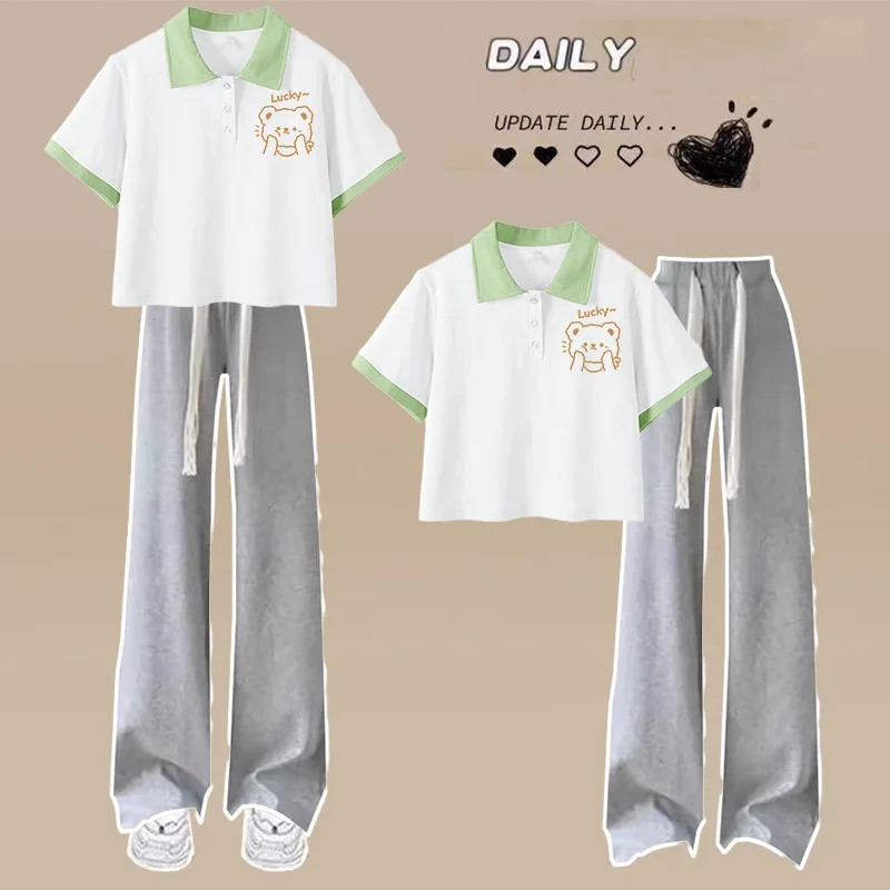 

Boys and Teenagers Suit Short Polo Collar Short-sleeved T-shirt+Flared Trousers Cute Two-piece Outer Wear Home Casual Outfit