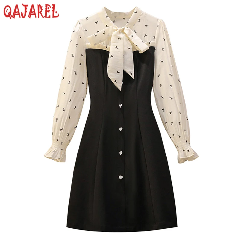 

Women Black Patchwork Floral Long Sleeve Midi Dress Autumn Fashion Chic Bow Collar Dress 2023 Korean Vintage Hepburn Party Dress