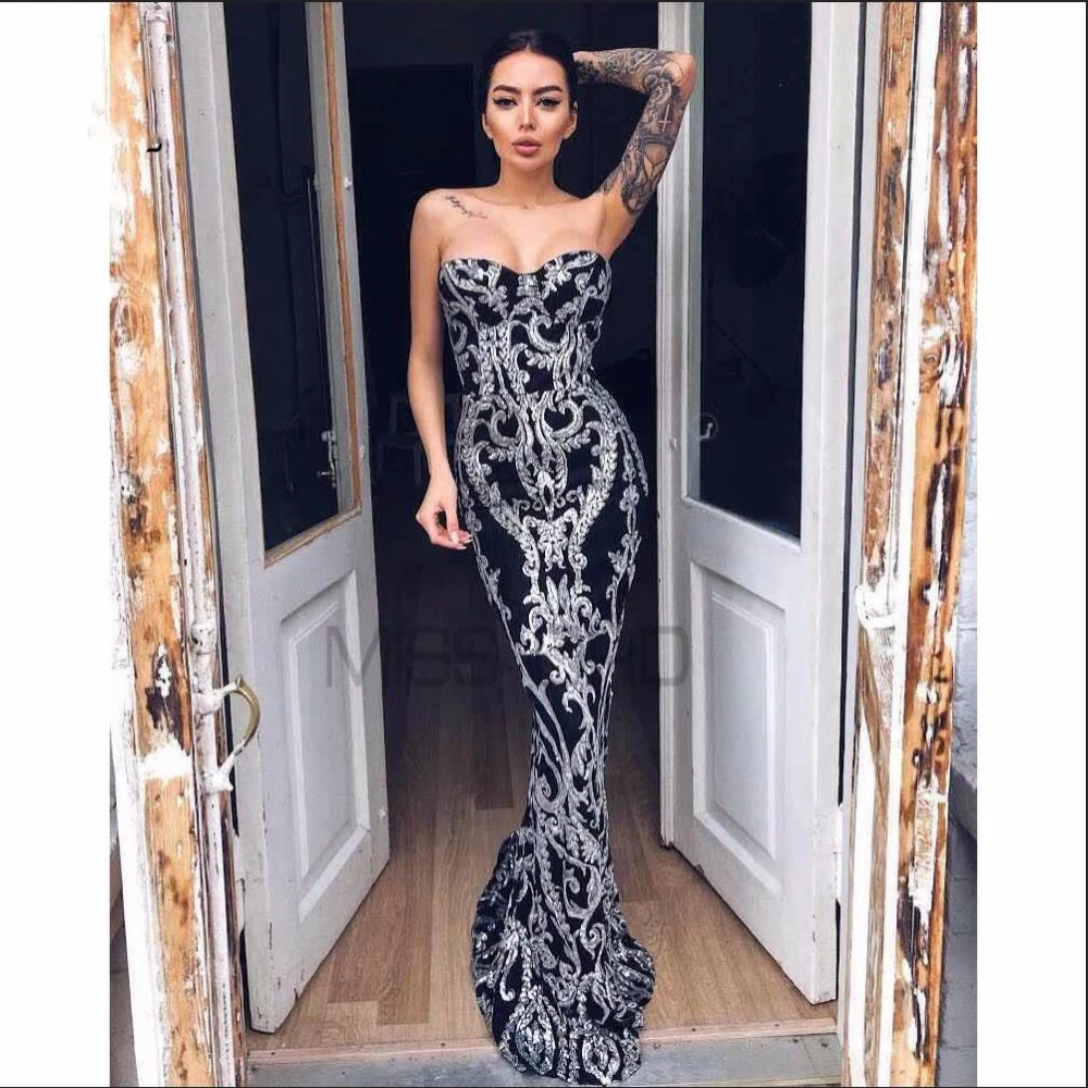 

Sexy strapless off shoulder retro sequin floor mopping evening gown elegant women's luxury high quality fishtail skirt 2024