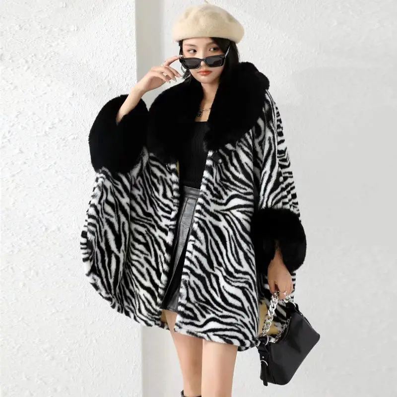 

Autumn and Winter Cloak Jacket Women Large Size Zebra Pattern Wool Collar Warm Women's Fleece Thickened Coat Cape Cardigan T1175