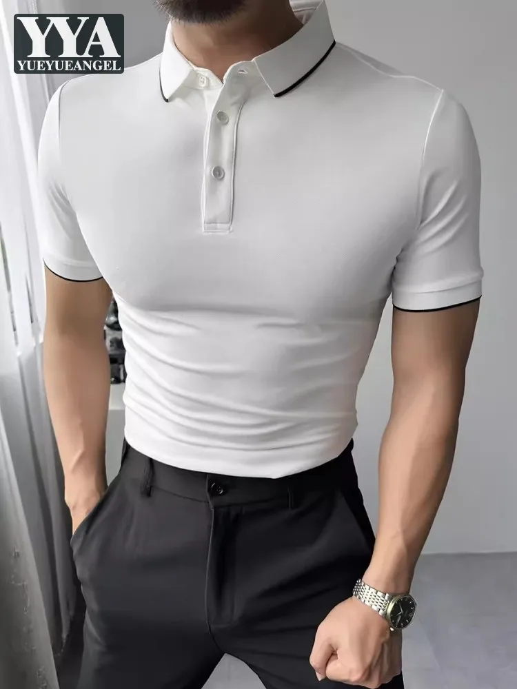 

Summer T-Shirt Turn-Down Collar Daily Business Casual Mens T-Shirt Short Sleeve Solid Color Elastic Slim Fit Pullover Tops Male