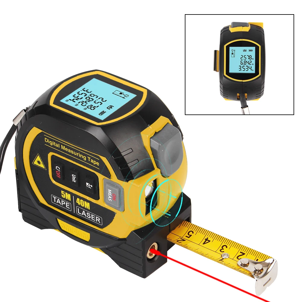 

3 in 1 Laser Rangefinder 5M Building Measurement Device Distance Meter Tape Measure Ruler LCD Display with Backlight