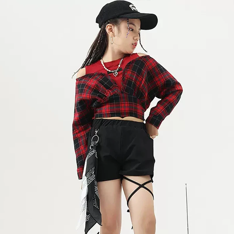 

Костюм джазового танца для выступления, сценический костюм для девочек, красный топ в клетку, шорты, Одежда для танцев в стиле хип-хоп, одежда для чирлидинга DL9995