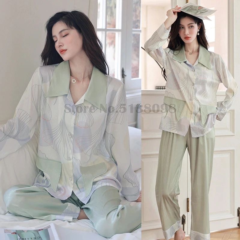 

Women's Pajamas Set Senior Lapel Sleepwear Ice Silk Print Floral Long-Sleeved Trousers Two-Piece Satin Loose Casual Home Clothes