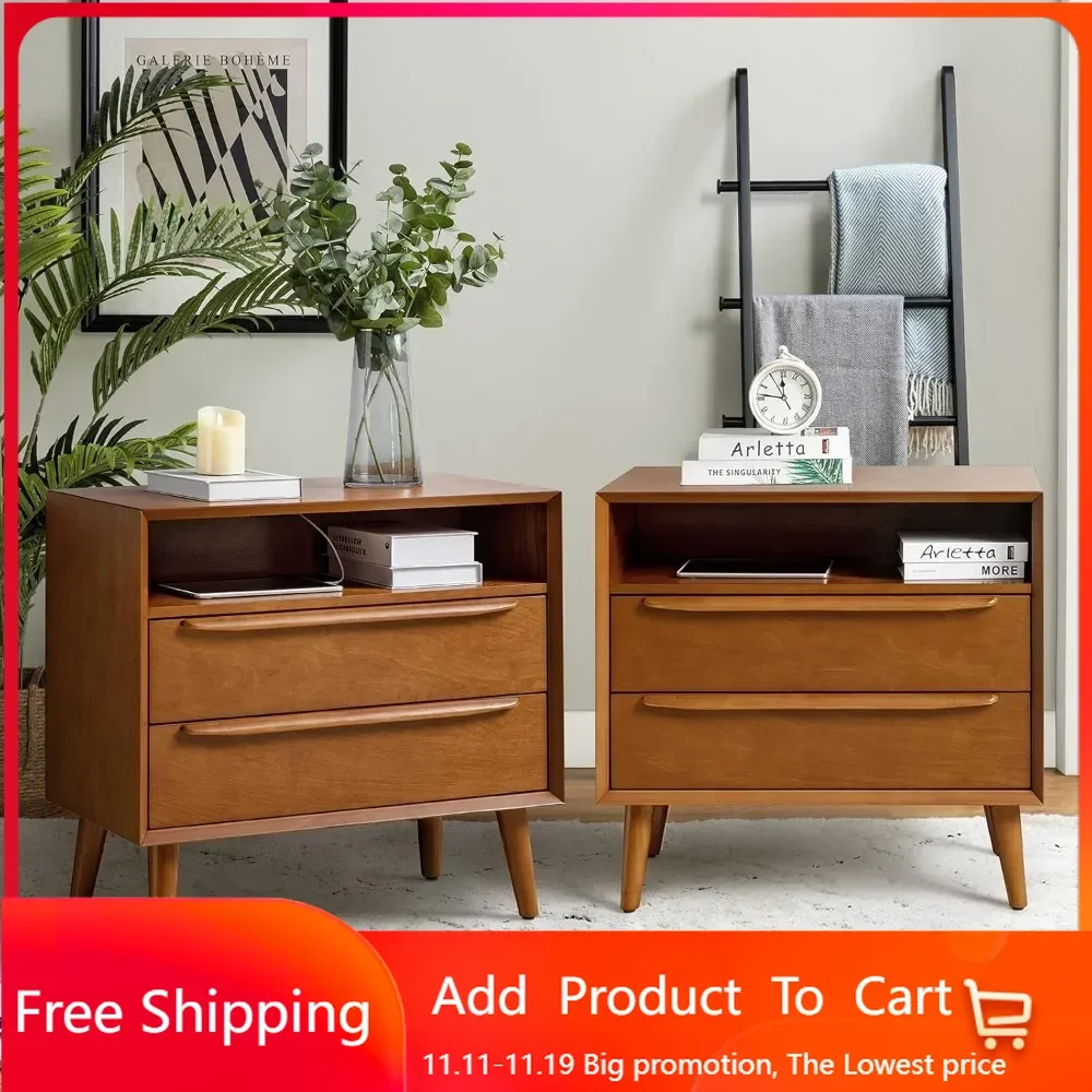 Nightstand with Charging Station, Mid-Century Modern 2 Drawer and Open Shelf Dresser for Bedroom, Fluted Bedside Table