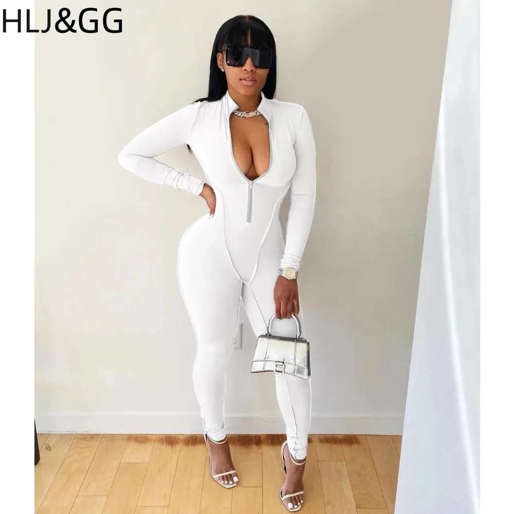 HLJ&GG Autumn Casual Deep V Zipper Sporty Jumpsuits Women Long Sleeve Skinny Pants One Piece Playsuits Female Solid Home Overall