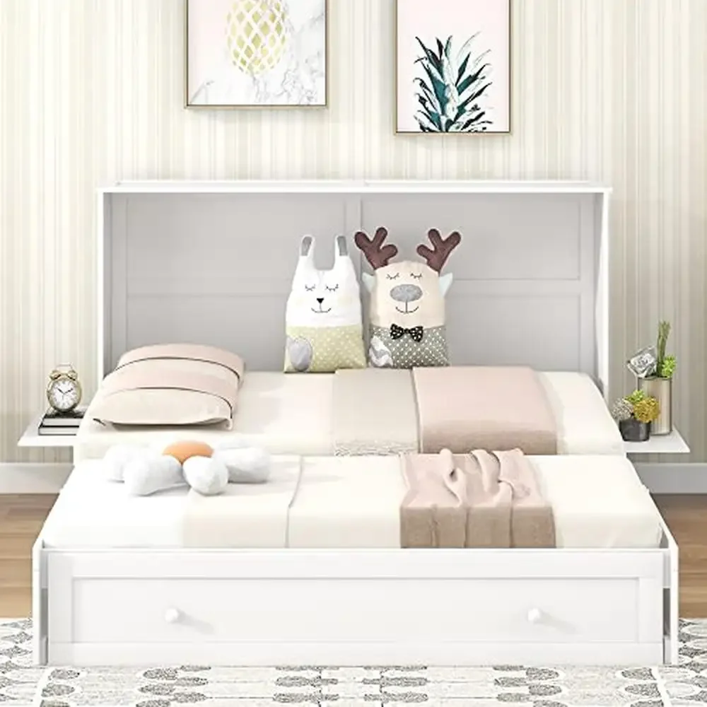 Queen Murphy Bed Frame with Storage Drawer and Bedside Shelves White Wood Frame