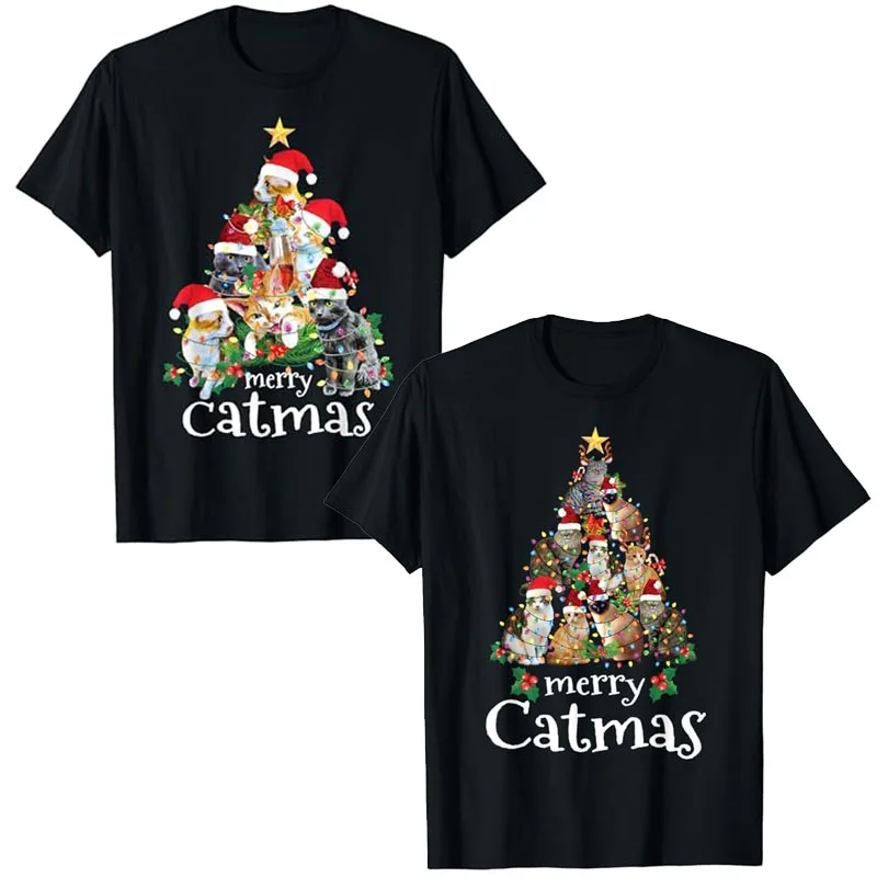 

Merry Catmas Cat Mom Dad Funny Christmas Tree Cat T-Shirt Kitty Lover Graphic Outfits Cute Kitten Xmas Costume Gifts Saying Tee